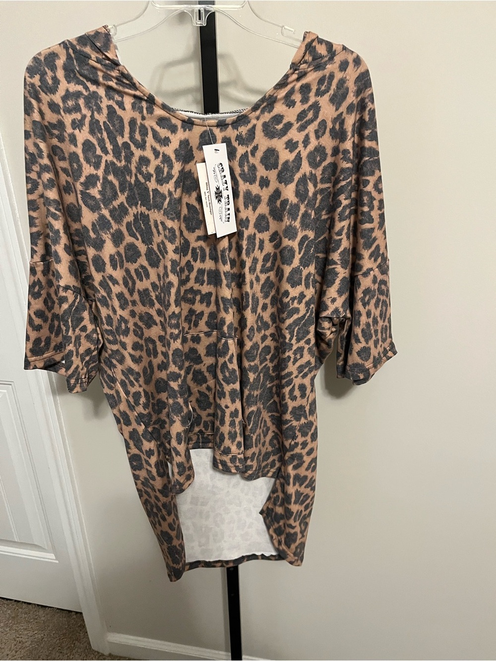 Crazy Train Leopard Print High-Low Dolman Top - Taupe & Black